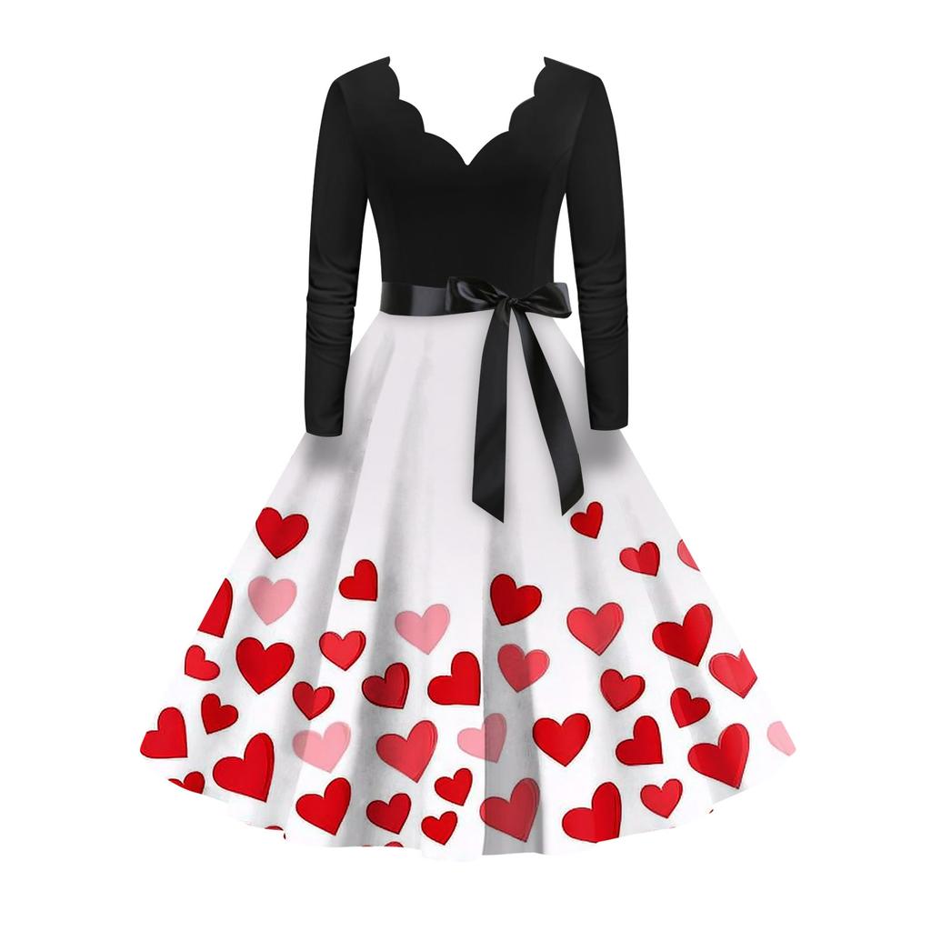 Damska stylowa i elegancka sukienka z długim rękawem, dekoltem w serek w kształcie serca na Walentynki