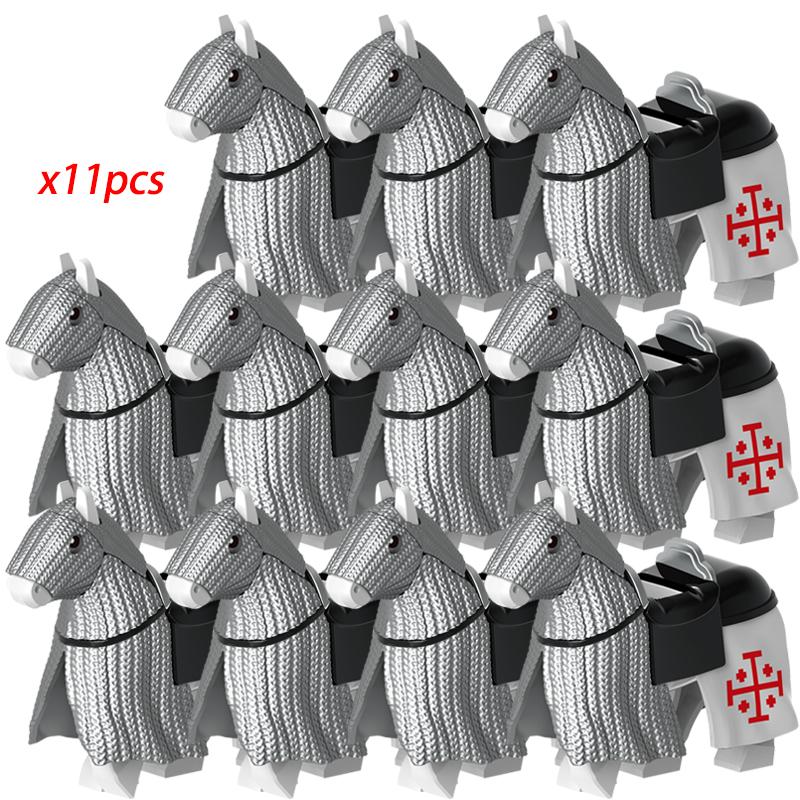 11pcs Medieval Gothic War Horse Building Blocks Silver/Gold/Iron/Armored Horses Battle Steed DIY Bricks Toys