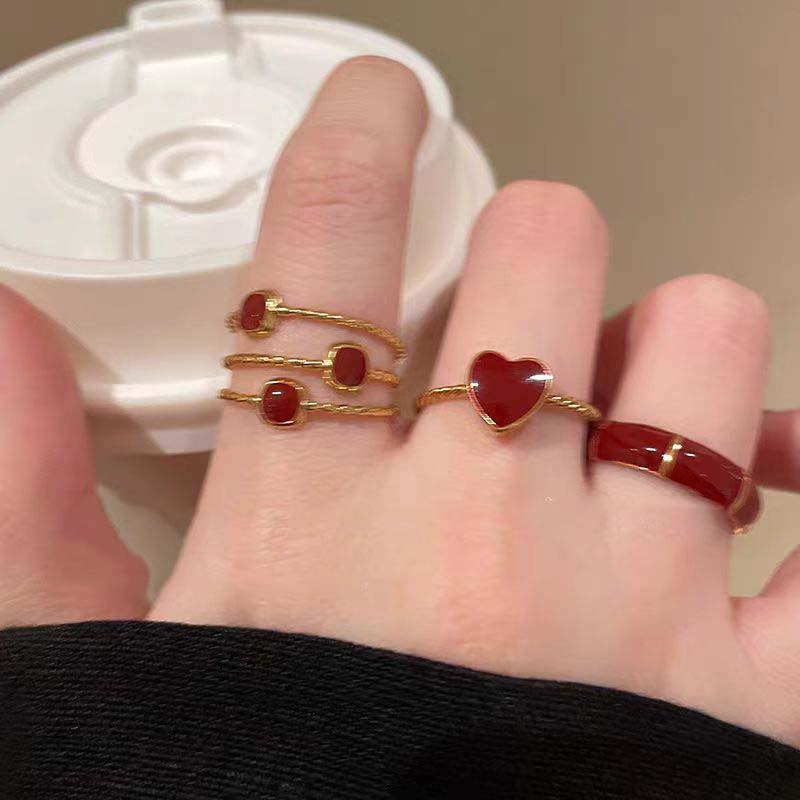 Vintage Red Drip Glazed Heart Rings for Women Girl Elegant Fashion Enamel Multi Layered Open Ring Statement Wedding Jewelry Gift