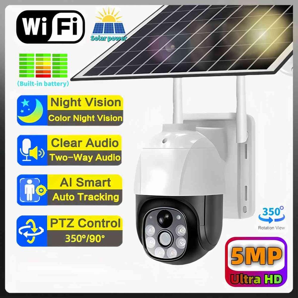 

5MPWIFI Бездротова сонячна IP-безпека Зовнішнє відеоспостереження Waterproouto Відстеження Двостороння аудіокамера V380pro WIFI CCTV no card