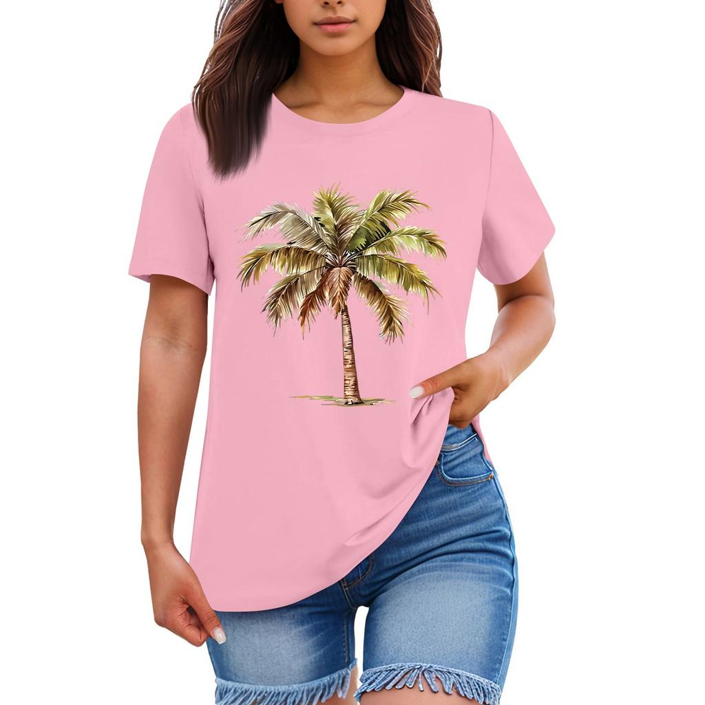 Ladies' Loose Comfortable Casual And Fashionable Hawaiian Plant Print Round Neck Short Sleeved Shirt