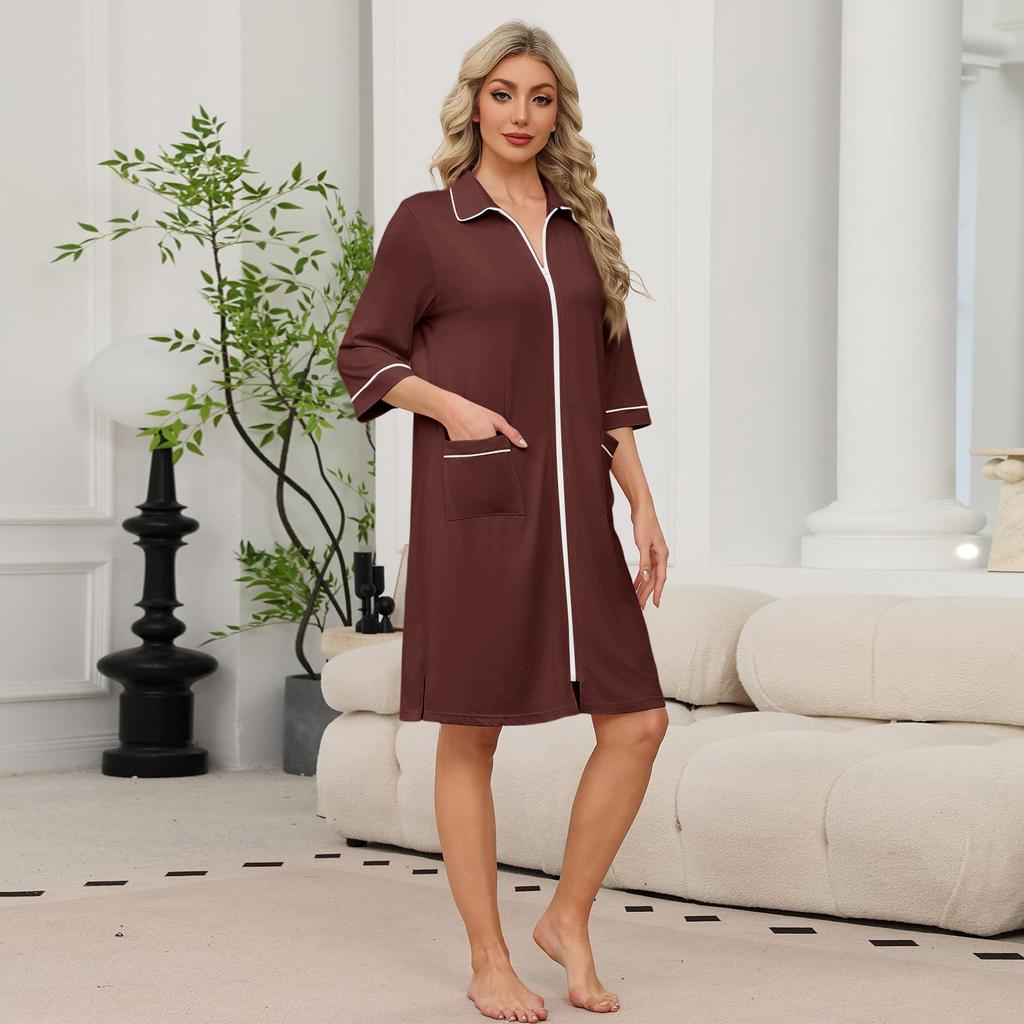 Women's Casual Zip-Up Robe 3/4 Sleeve Knee Length Lightweight Bathrobe with Pockets for Home Loungewear