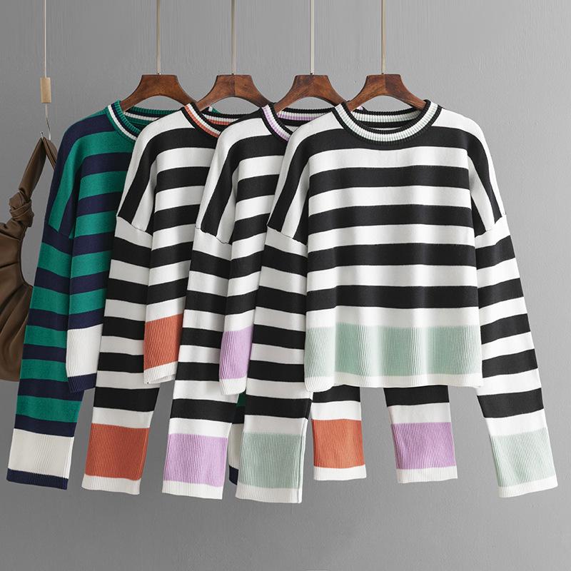 2024 Autumn/Winter Plus Size Women's Striped Knit Sweater - Long Sleeve Round Neck Top