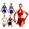 Damen Latin Dance Fransenkleid Cutout Ärmellos Träger Taille Quasten Saum Paillettenkleid mit Langen Handschuhen