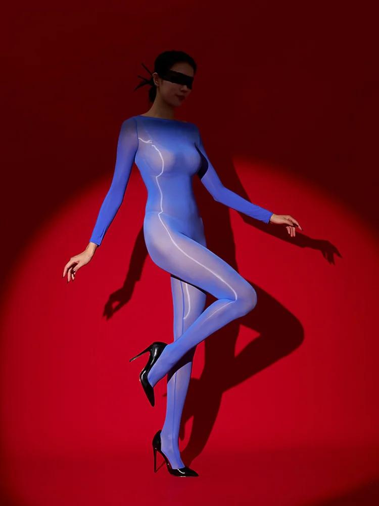 Sexy Women 6D 912 Pin Stain Smooth Catsuit Oil Glossy Shiny Bodysuit Sheer See Through Elastic Tights Yoga Shaping Maid Leotard