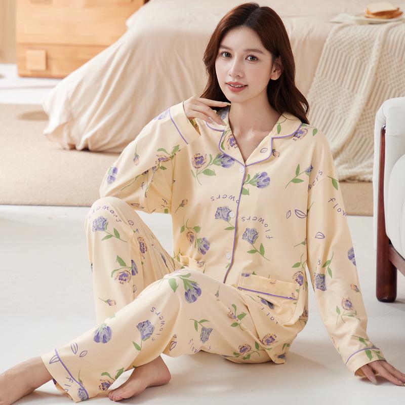 Plus Size Floral Pajama Set: Spring & Autumn, Long Sleeve, Comfortable Japanese Style for Middle-Aged Moms, Indoor/Outdoor Wear