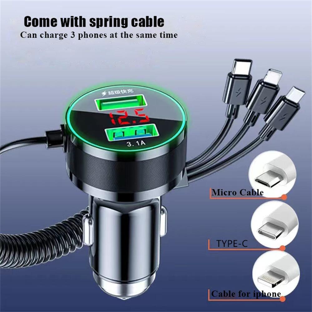 

New USB Car Charger Adapter 150W Fast Charge With Spiral Cable Black 3 in 1 12-24V
