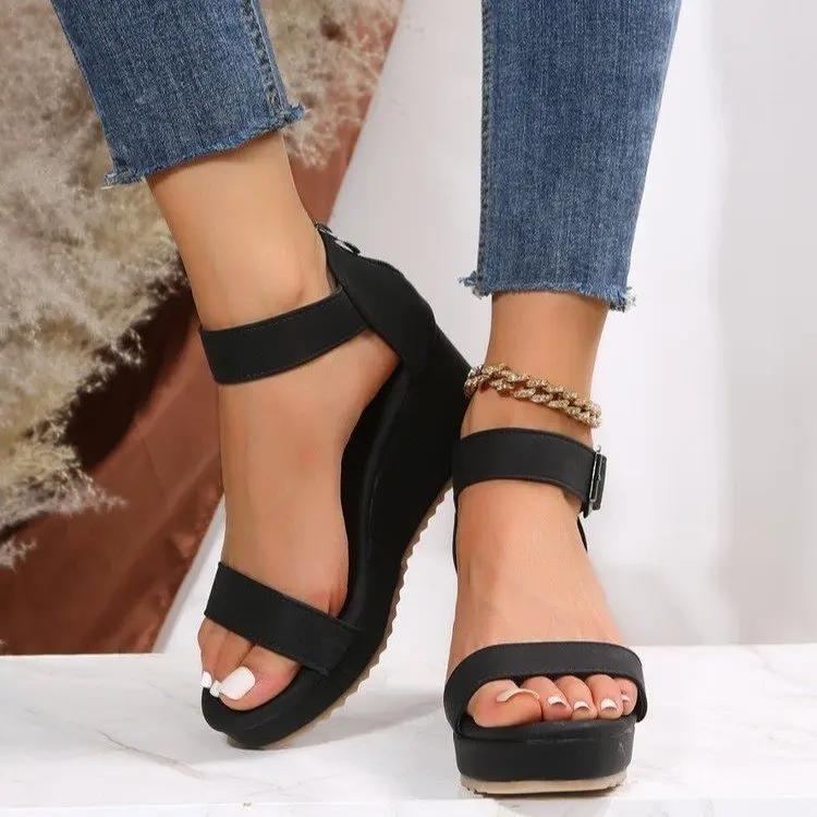 Fashion Wedges Platform Sandals Women 2025 Summer Buckle Strap Thick Heel Sandalias Woman Non Slip Open Toe Casual Shoes Large Size 43