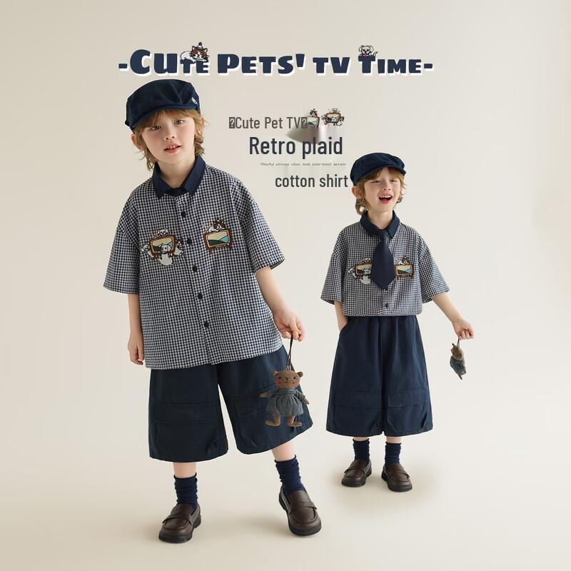 Boy s Retro Plaid Short-Sleeve Lapel Shirt 130