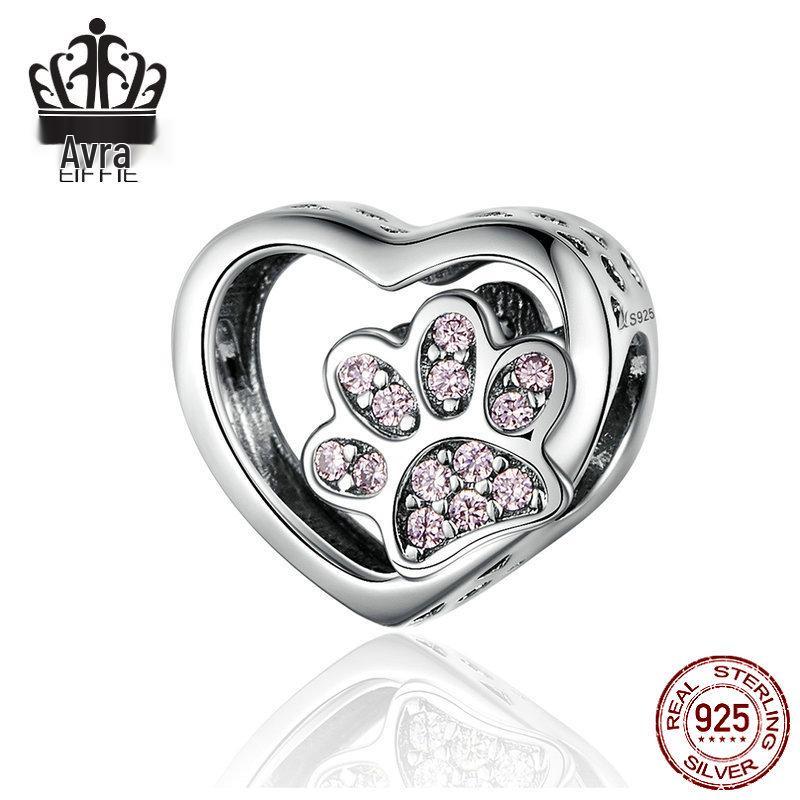 Bracciale Everlove in Argento Sterling s925 con Smalto Colorato a Forma di Zampa con Perline di Gatto e Cane