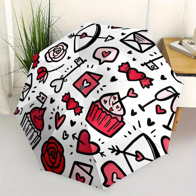 1pc Love Symbols Decorations Automatic Folding Umbrella - 8-Rib Iron Frame, Windproof, Portable Sunshade with Plastic Handle for Travel & Ou