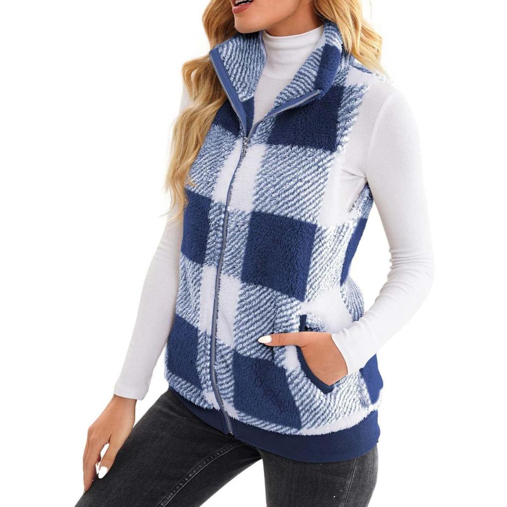 Women's Vest Plaid Comfortable Fleece Cardigan Vest Stand Collar Sleeveless Women's Jacket