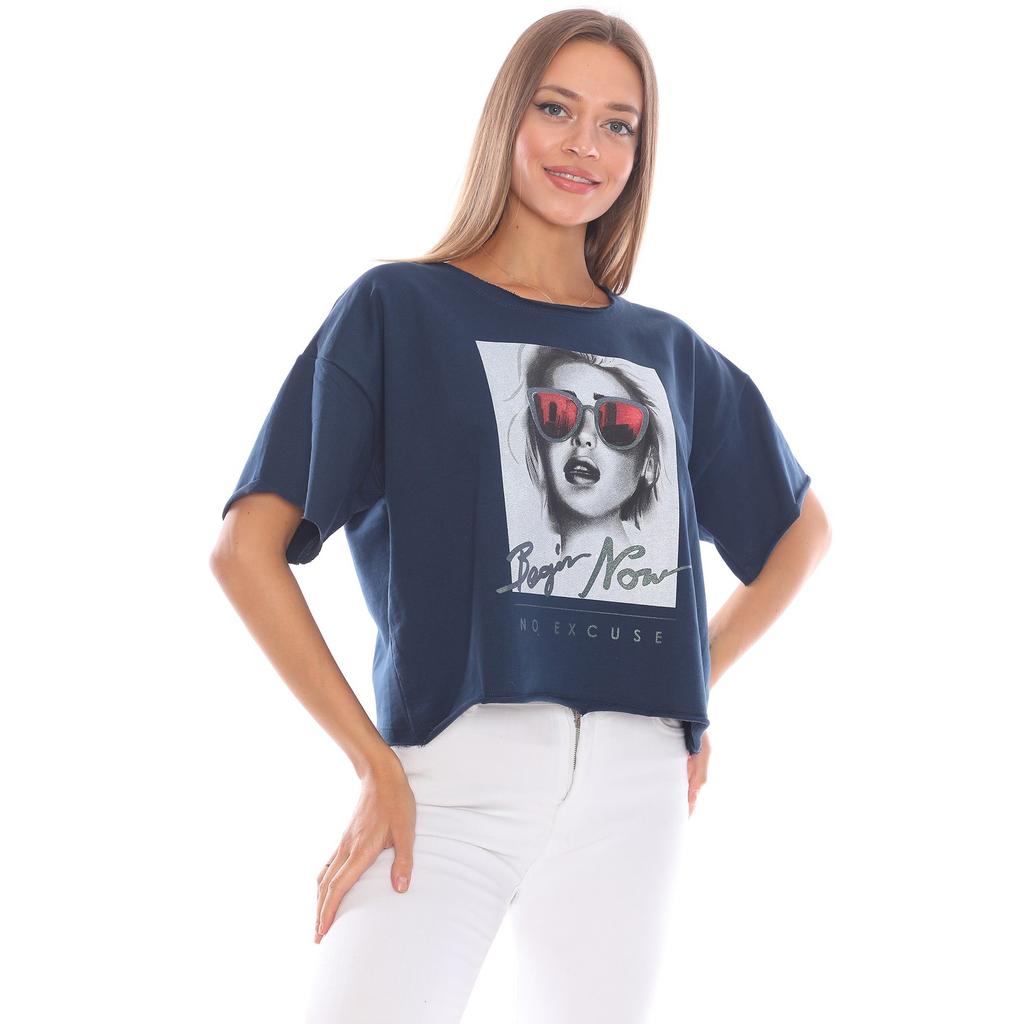 Hanorac de damă albastru cu imprimeu largi