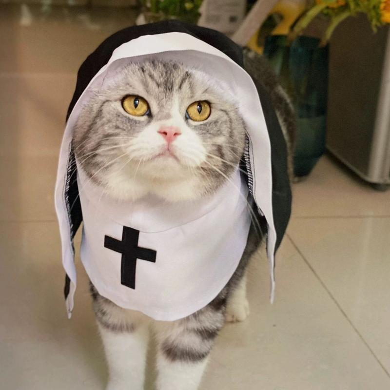Pet Dress Cosplay Nun Headwear Puppy Kitten Nun Style Dress Halloween Dress Up Clothes Pet Costume Set Dog Transform Clothes