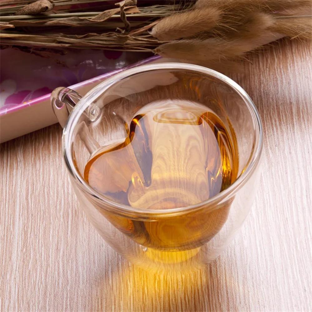 1/2pack Heart Cup Couple Cup Double Layer Glass Insulated Clear Tea Cup with Handle for Coffee,Cappuccino, Latte, Milk Drinkware