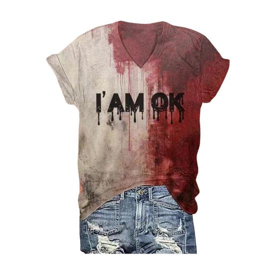 Halloween Blood Shirt Digital Print Blood Stains Text Tee Shirt Women V-neck Tops Casual Wear Funny Horror Clothes