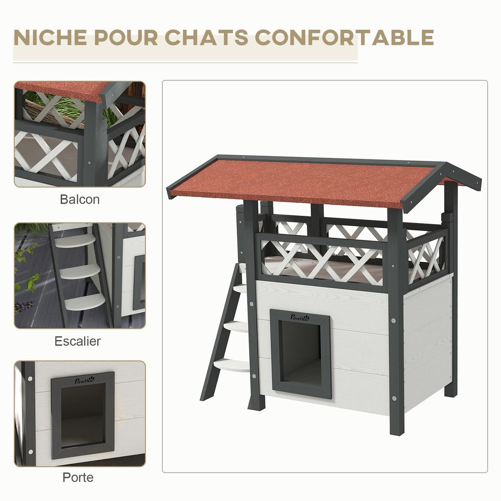Outdoor Cat House with Terrace, Stairs, Roof, 77 x 50 x 73 cm, White and Red