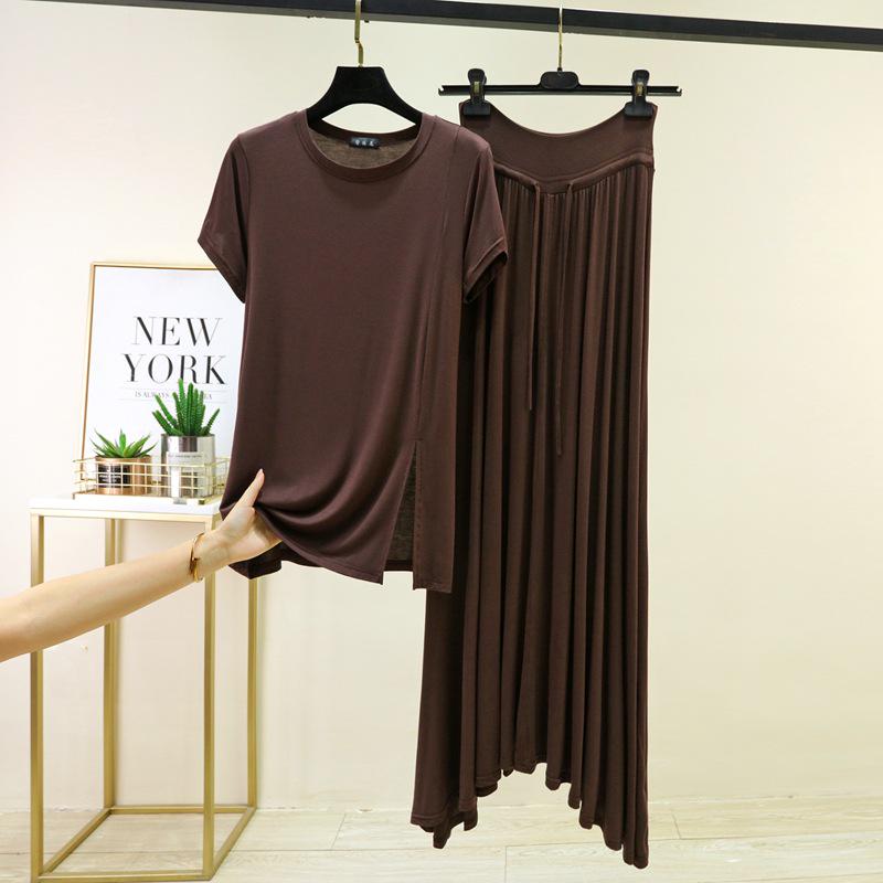 

Women s Casual Fashion Set: Modal Round Neck Tee & High Waist Lace-Up Skirt L