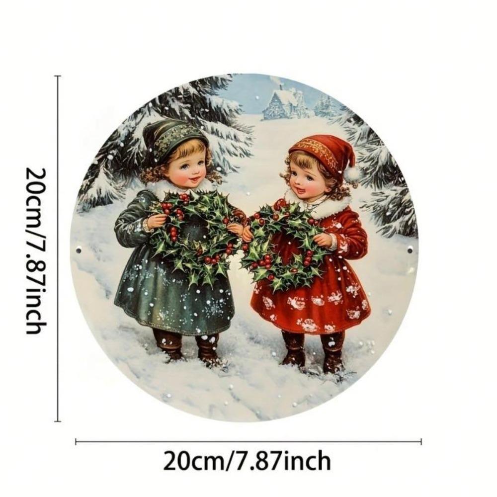 Vintage Victorian Christmas Tin Sign 8x8 Inch Winter Snow Scene Red Green Dresses Wall Decor