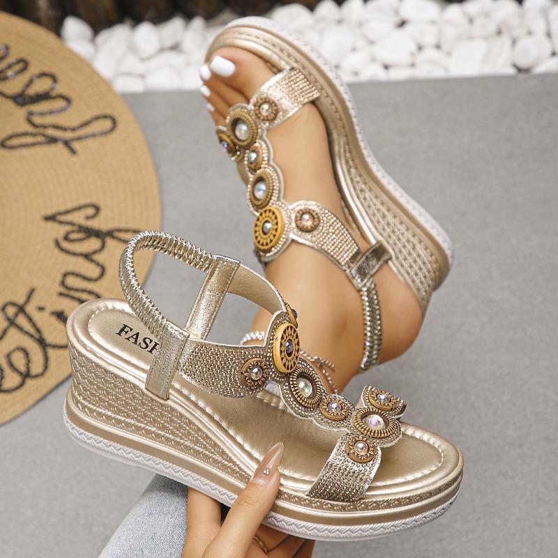Summer bohemian wedge heel sandals new large size elastic band platform sandals women