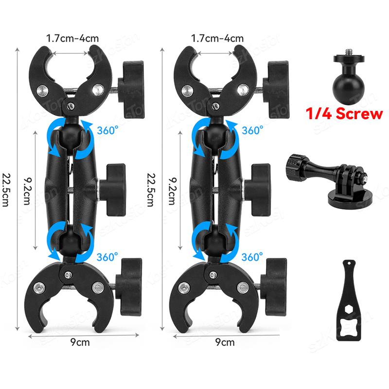 For GoPro 13 12 11 10 9 DJI Action 5 Pro Super Camera Clamp Mount Adapter Double Head Holder for Motorcycle Bracket Selfie Stick