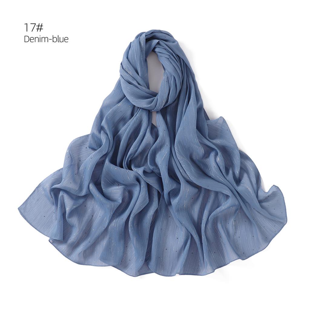 New Solid Color Silver Sequin Rhinestone Chiffon Scarf Fine Pleated Breathable Women's Turban Wrap Malay Shawl
