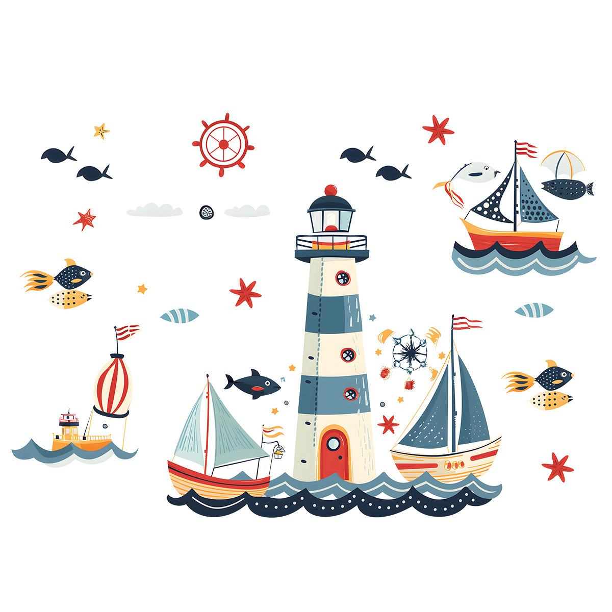 

Cartoon Sailboat Lighthouse Fish Removable Wall Stickers Kids Room Living Room Bedroom Decor 30x60cm різнокольоровий