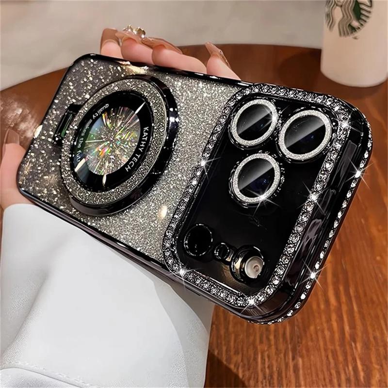 Rhinestone Frame Armor Glitter Fold Stand Magnetic Phone Case For iPhone 17 16 15 14 13 12 11 Pro Max Luxury 3IN1 Shiny Clear Cover