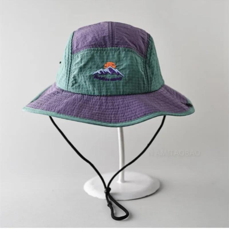 Cappello a Secchiello da Montagna Estivo all'Aperto Stile Giapponese Retro da Donna Primavera Asciugatura Rapida Ciclismo Pescatore Protezione Solare Impermeabile con Corda