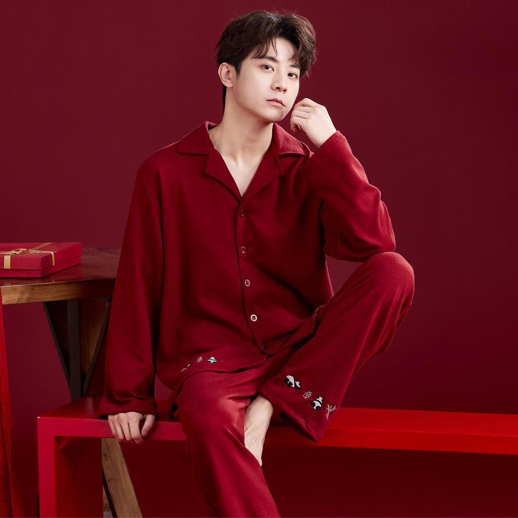Rotes Hochzeits-Pyjama-Set für Paare - Herbst/Winter Plus Samt mit Rattenjahr-Design