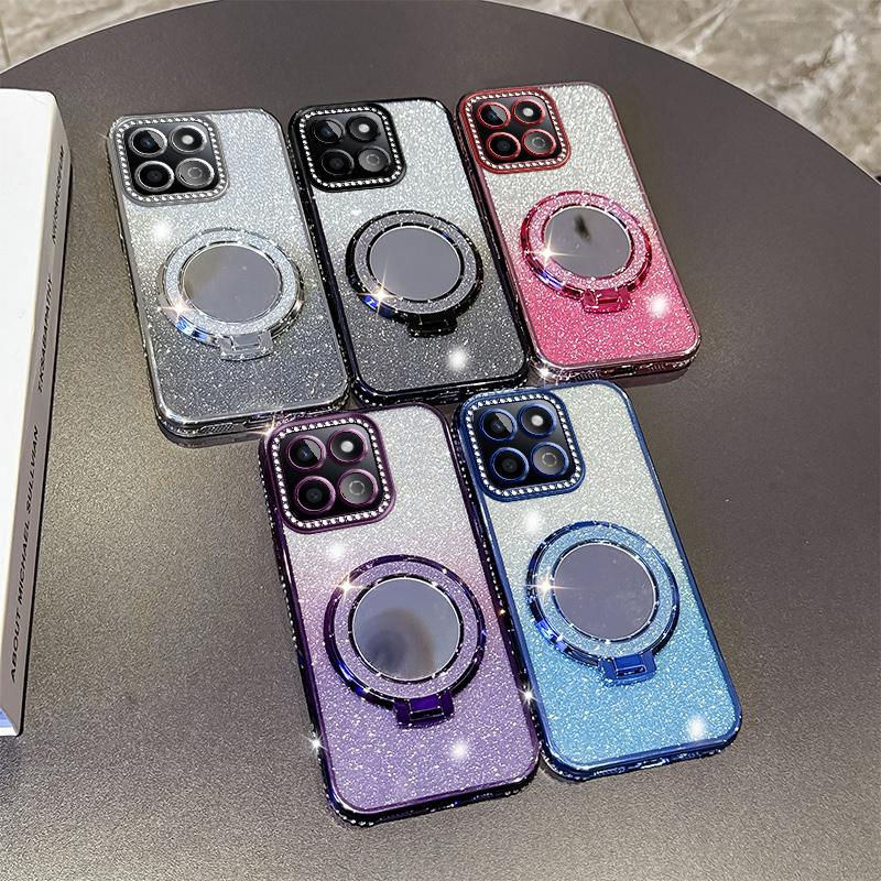 KEYSION Glitter Jewelled Magnetic Phone Case for HONOR X7c X8b X8A Makeup Mirror Stand Shockproof Cover for Honor 200 Smart 5G