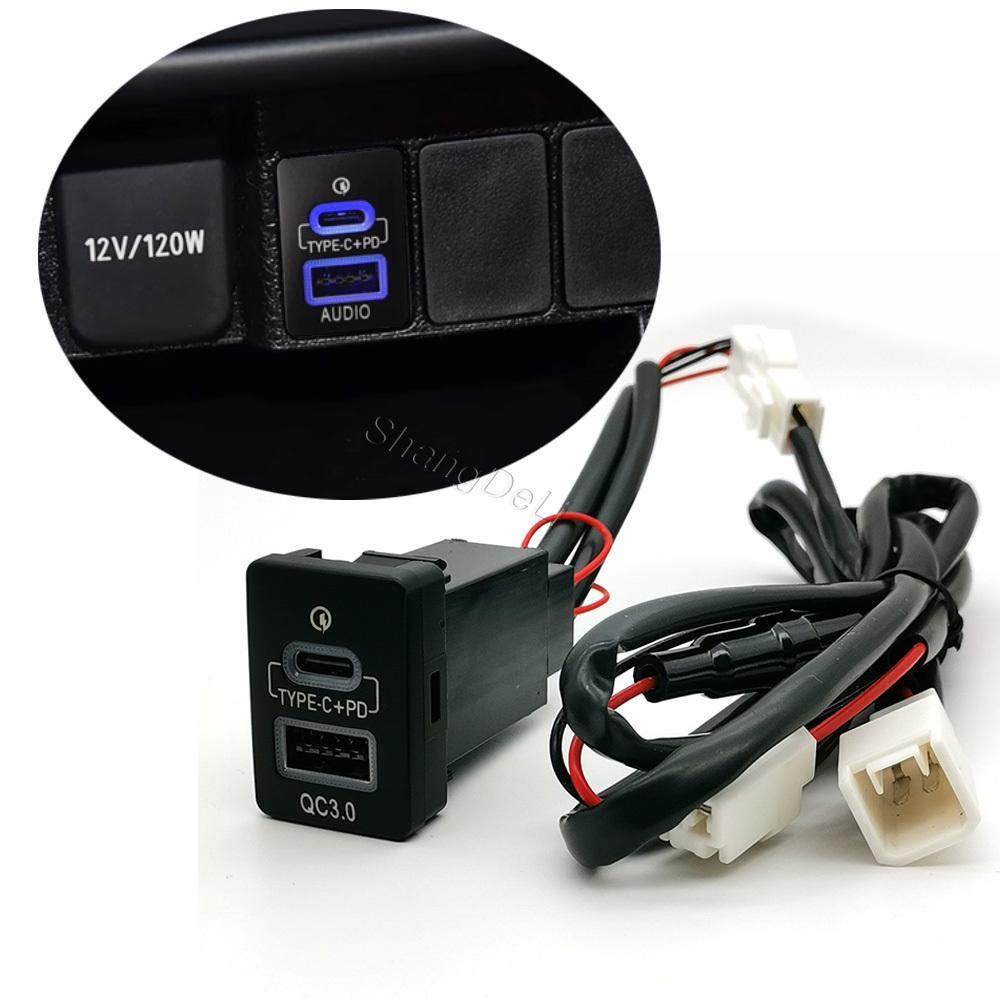 New Blue Light Car Charger QC3.0 USB TYPE-C PD Dual Phone Charge Interface Socket Cable Accessories Fit for Toyota