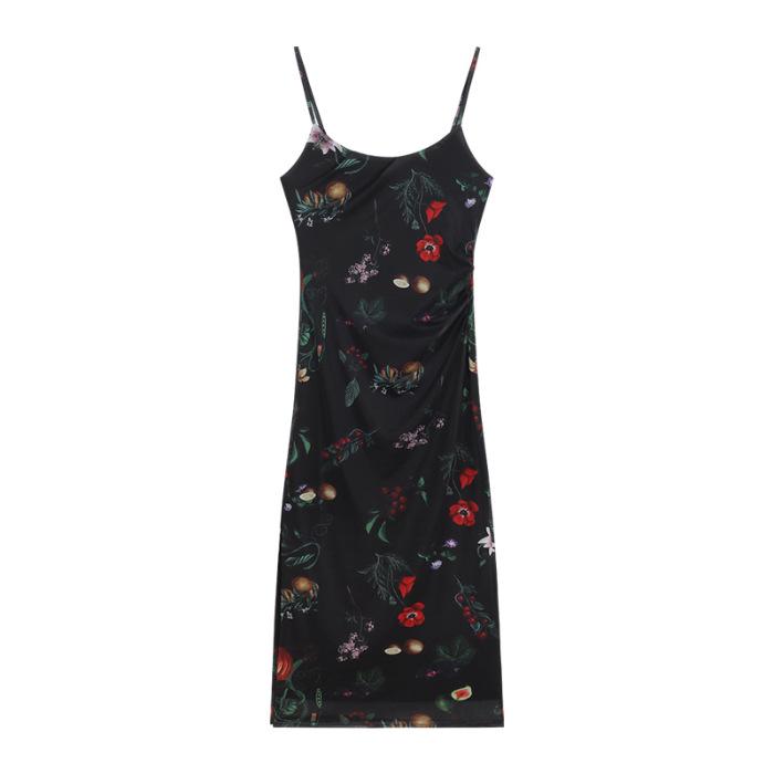 Low-Neck Off-Shoulder Slim-Fit Printed Camisole Dress, Waist-Cinching, Hip-Hugging, Summer Style for Women