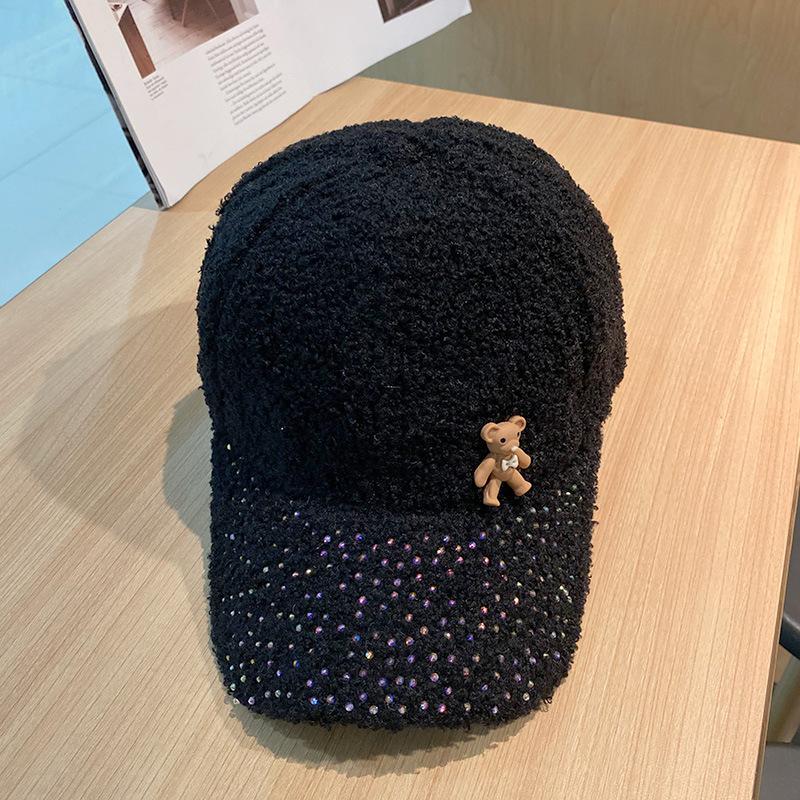 Korean Autumn and Winter Fashion Diamond Brim Plush Baseball Hat Korean Style Cute Little Bear Warm Baseball Cap Trendy