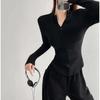 Elastic Tight Sexy Lapel Long Sleeve T-shirt Women Hottie Turndown Collar Slim Undershirt Inside Velveteen Sports Shirt Casual