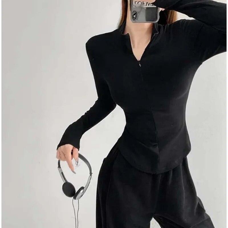 Elastic Tight Sexy Lapel Long Sleeve T-shirt Women Hottie Turndown Collar Slim Undershirt Inside Velveteen Sports Shirt Casual