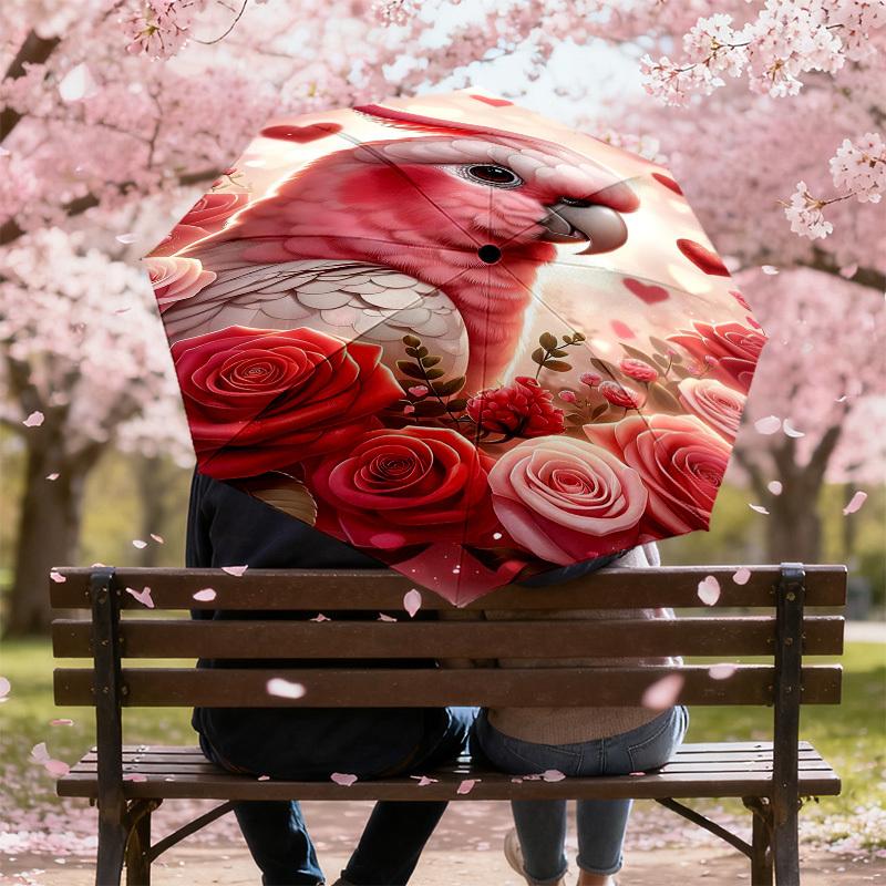 1pc Parrot Roses Automatic Folding Umbrella 8 Rib Iron Frame, Compact Portable Umbrella Suitable for Travel, Daily Use, Birthday, Women & Men Gift 080