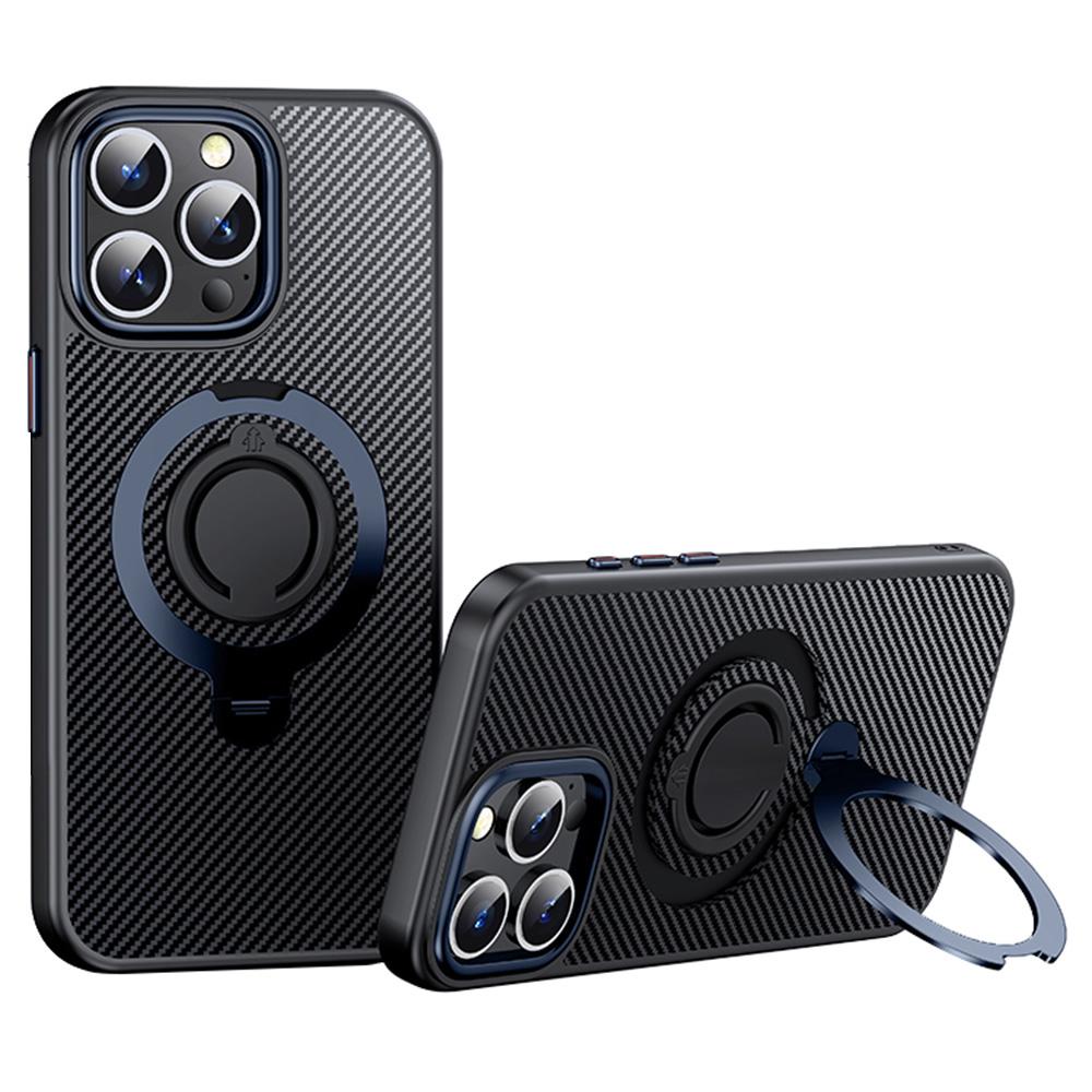 For iPhone 15 Pro Max Case Compatible with MagSafe Kickstand Carbon Fiber Texture PC+TPU Phone Cover with Silicone Ring