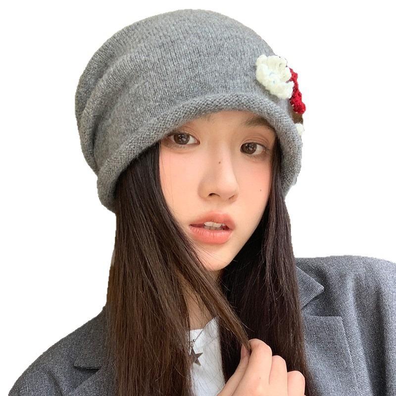 Autumn and Winter Hat Women's Cute Flower Headgear Versatile Face Small Pile Hat Ear Protection Warm Knitted Hat