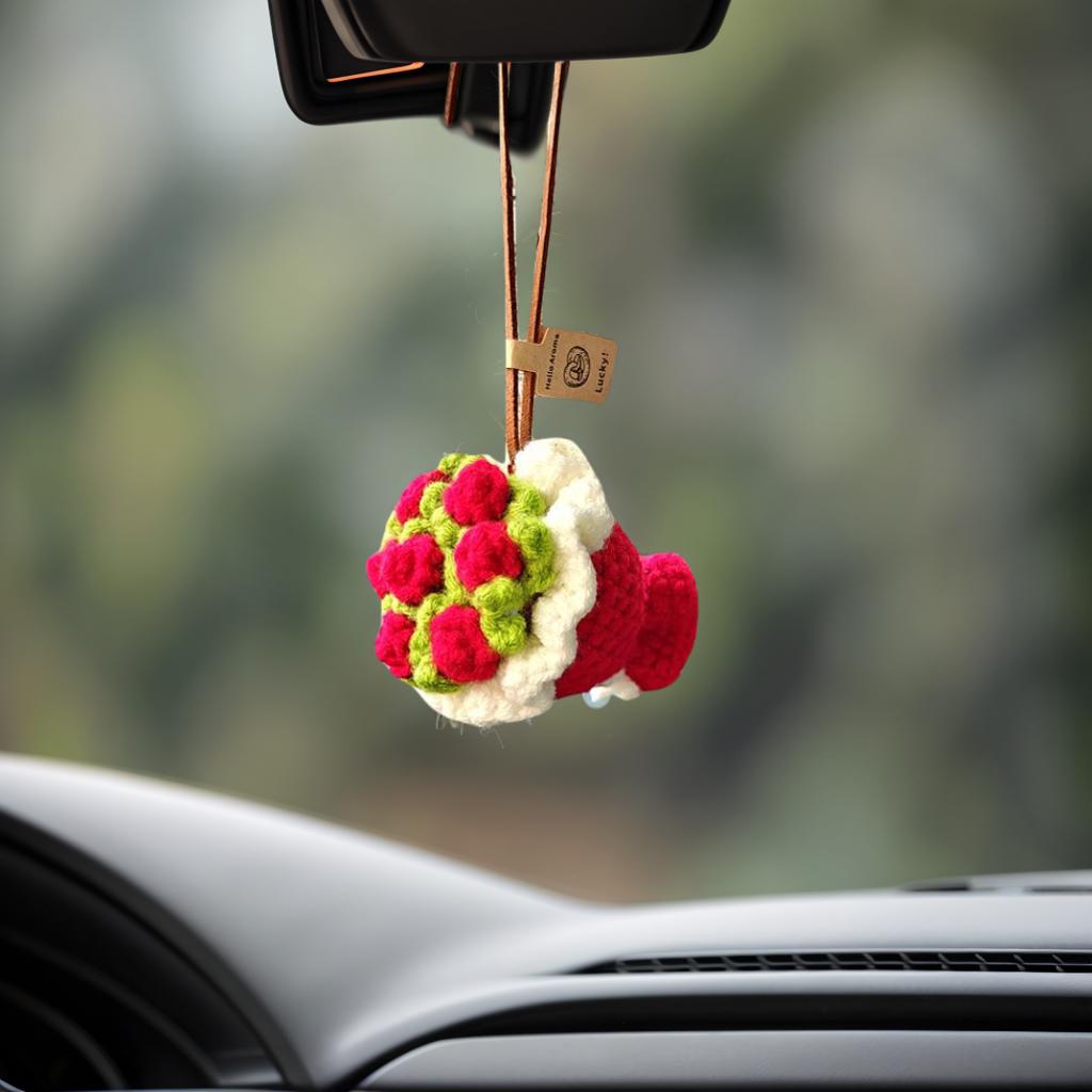 

Cute Handmade Crochet Car Hanging Decoration,Cute Car Decor Rearview Mirror Hanging, Car accessories for women ярко-розовый