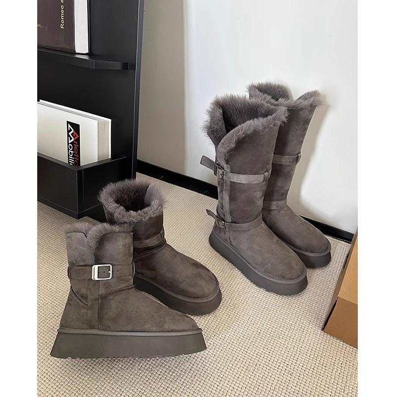 Height-increasing Small Long Tube Winter Thick-soled Snow Boots Women's Velvet Thickened Tube Snow Cotton Shoes Gray New 2025