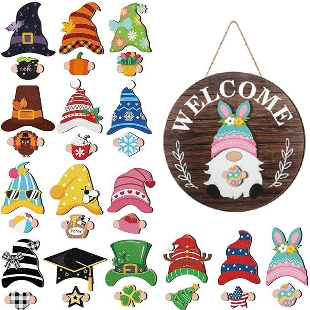 Halloween Gnome Welcome Sign with Magnetic Removable Hats DIY Gnome Door Sign Decor Multi-Purpose Creative Wood Decoration Plate