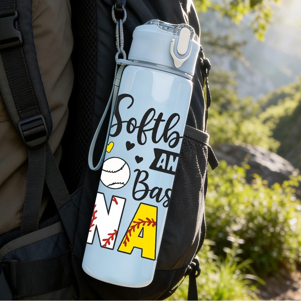 1PC Softball Baseball Nana Text 750ml Color Plastic Sports Water Bottle Leakproof Flip Straw Lid Suitable for Sports Office Home Use