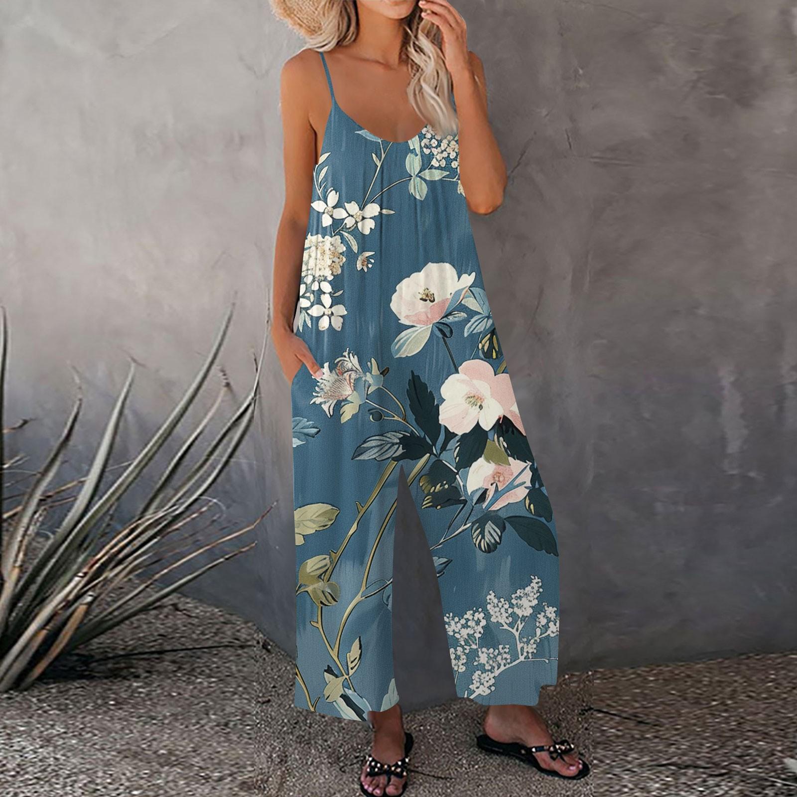 

Женский комбинезон с цветочным принтом, повседневный свободный комбинезон с регулируемыми подтяжками S синий
