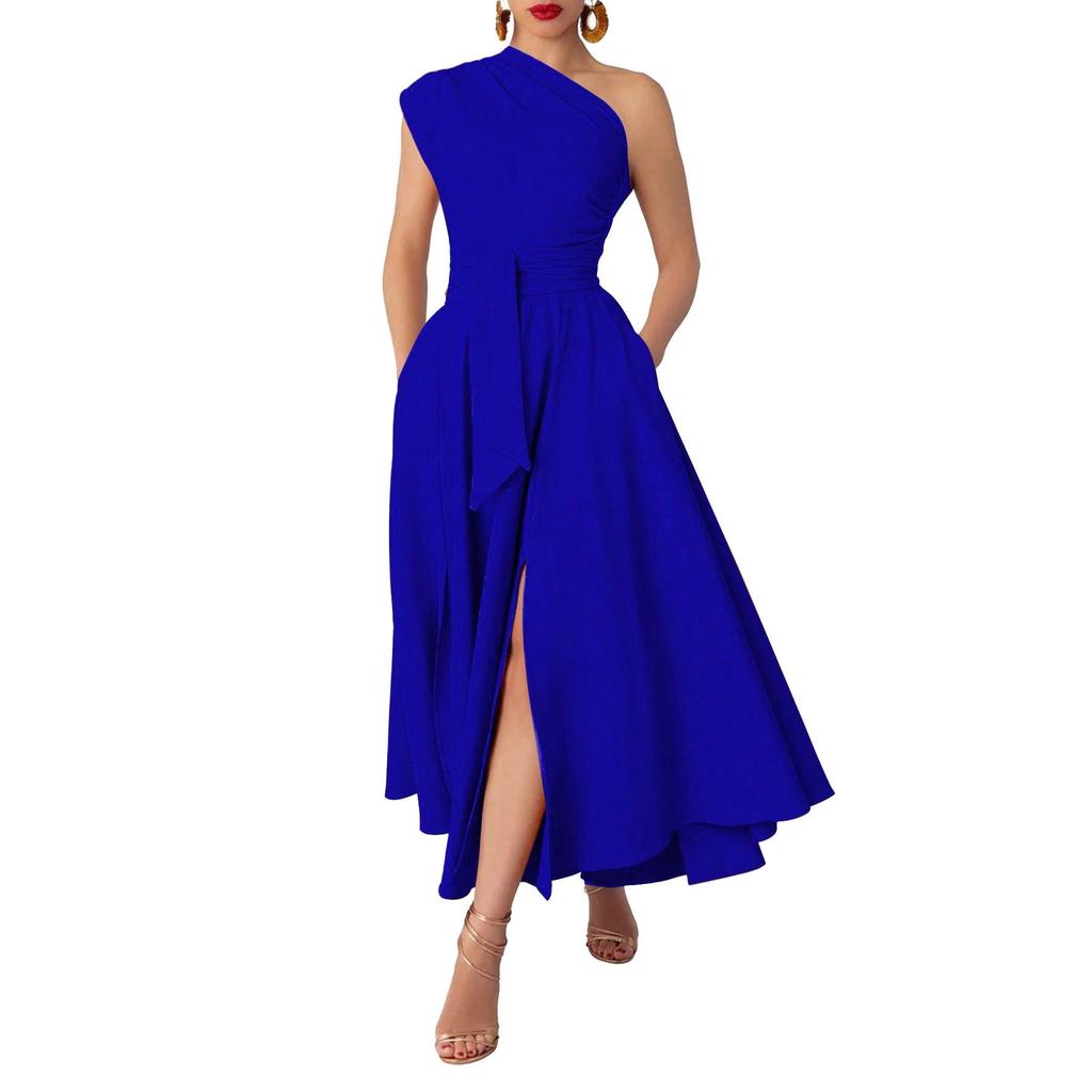 Summer Style Women's Sleeveless One-Shoulder Dress with Cinched Waist and Wide Hem