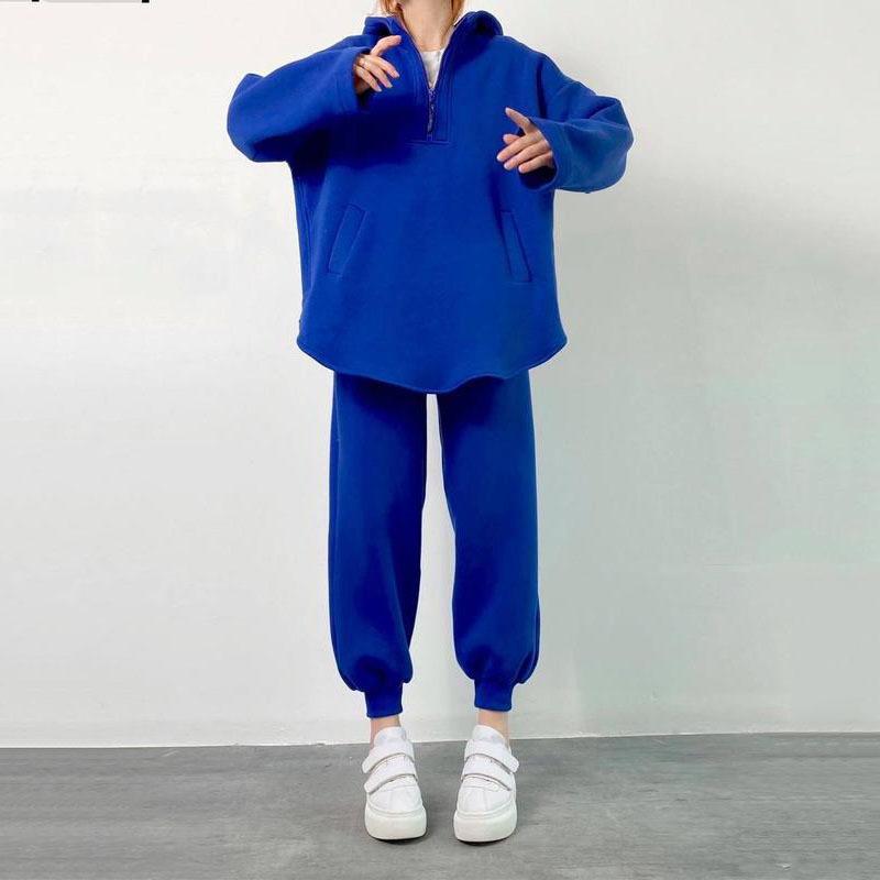 Women Solid Color Long Sleeve Hooded V Neck Hoodies Suit Autumn Winter Loose Top Wide Leg Pants