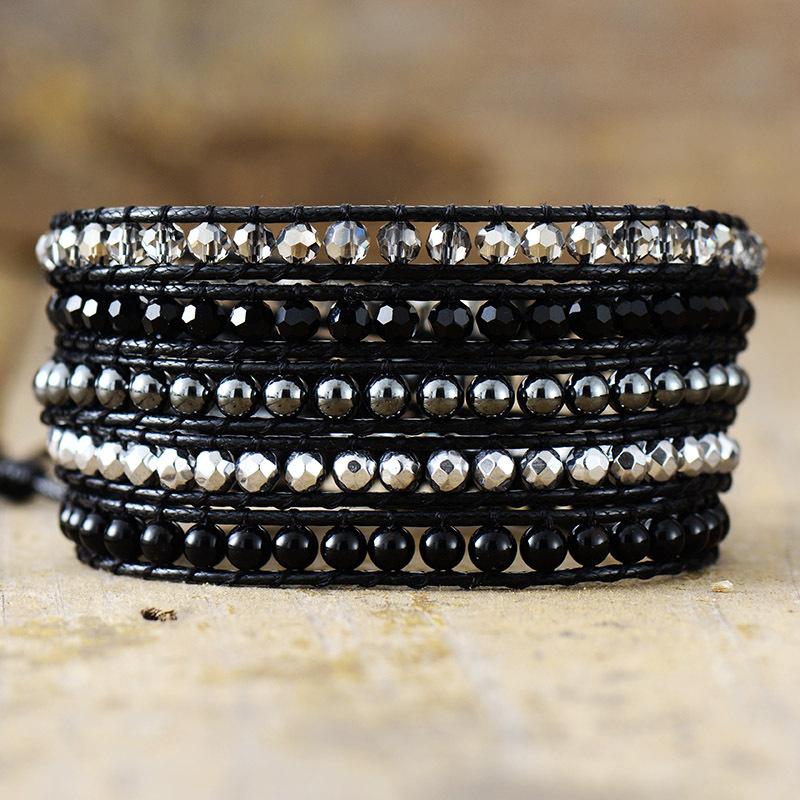 Bourbonmi Stone and Crystal Handmade Beaded Bracelet, European and American Retro Style, 5-strand Wrapped Woven Bangle, Friendship Jewelry.