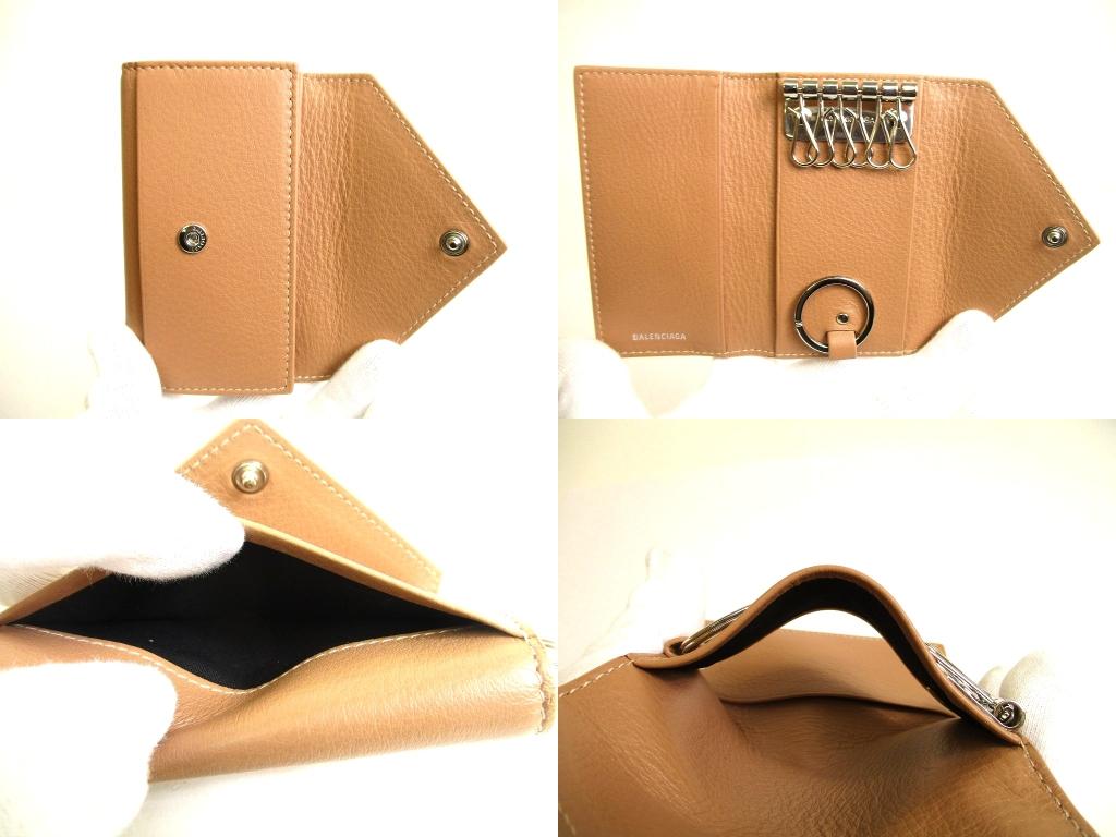 Authentic BALENCIAGA Paper Beige Leather Silver H/W 6 Pics Key Chain #b046 Open box