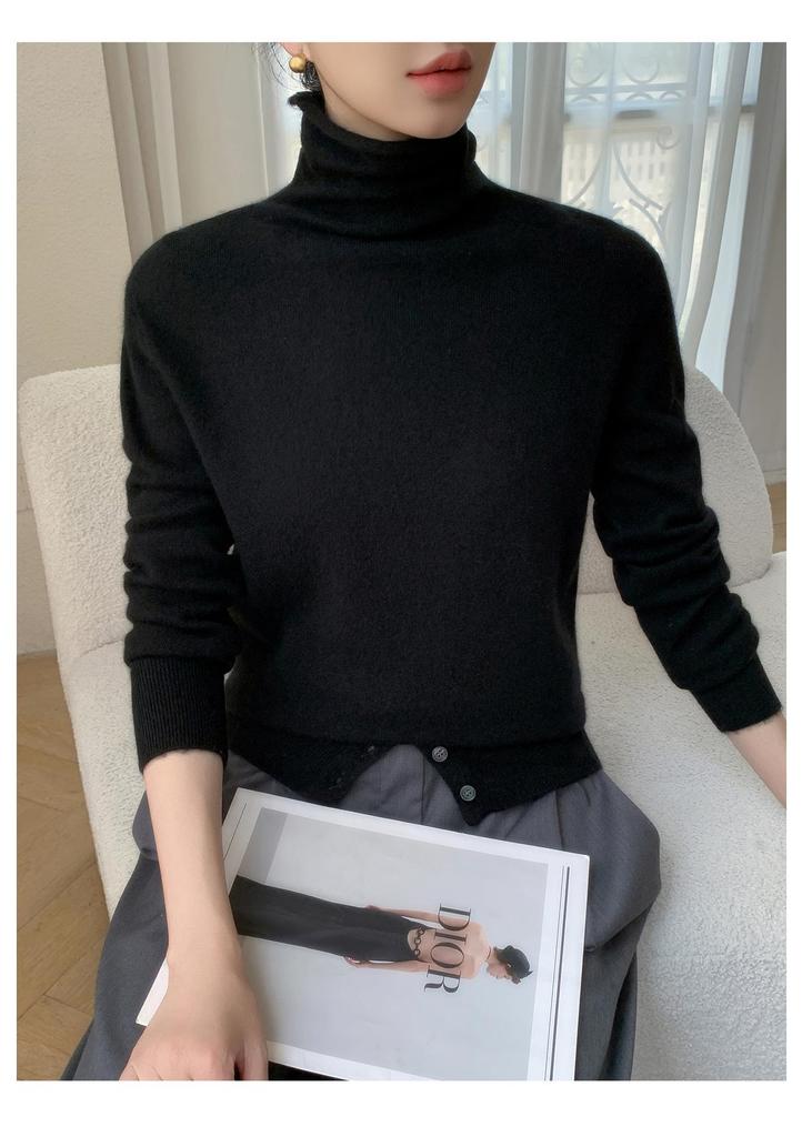 2025 A/W Women's Cashmere High Neck Loose Knit Sweater with Rolled Hem