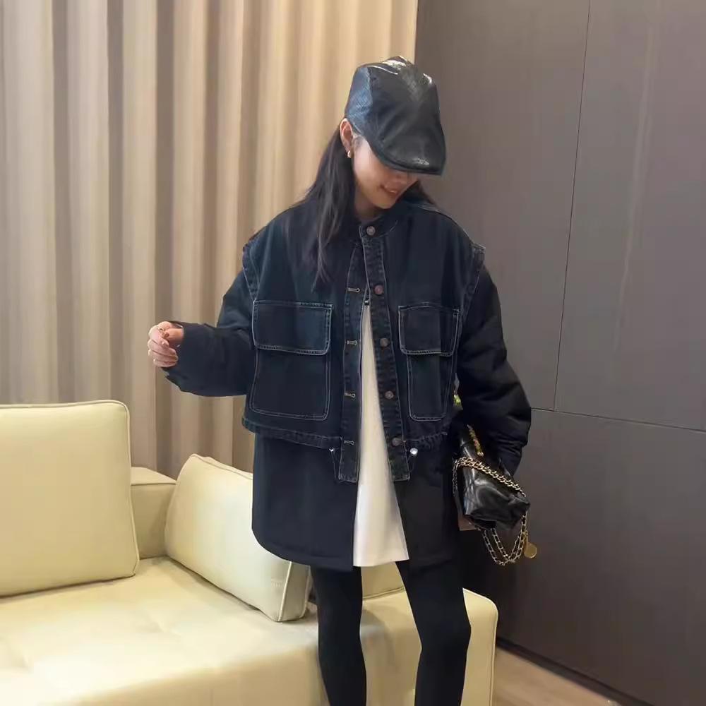 

Джинсовая комбинированная куртка-обманка из двух частей женская 2025 осень-зима новая свободная повседневная хлопковая куртка M чёрный
